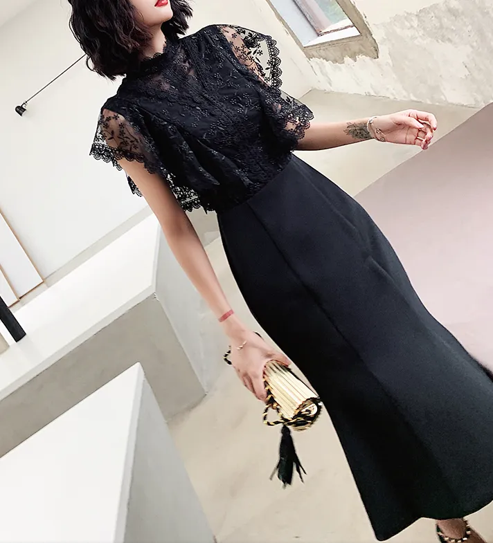 ドレス フレアスリーブ レース 透け感 ハイネック ミディアム丈 マーメイド【K1168】