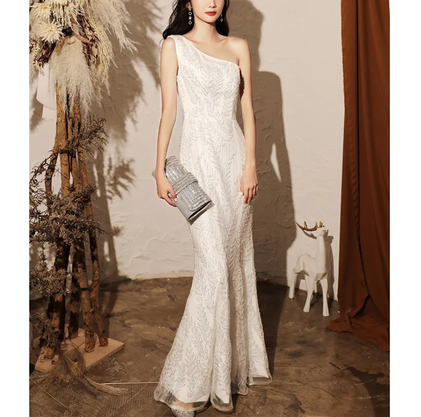 ワンショルダー ドレス ロング ビジュー ハイウエスト マーメイド 全3色【K1964】