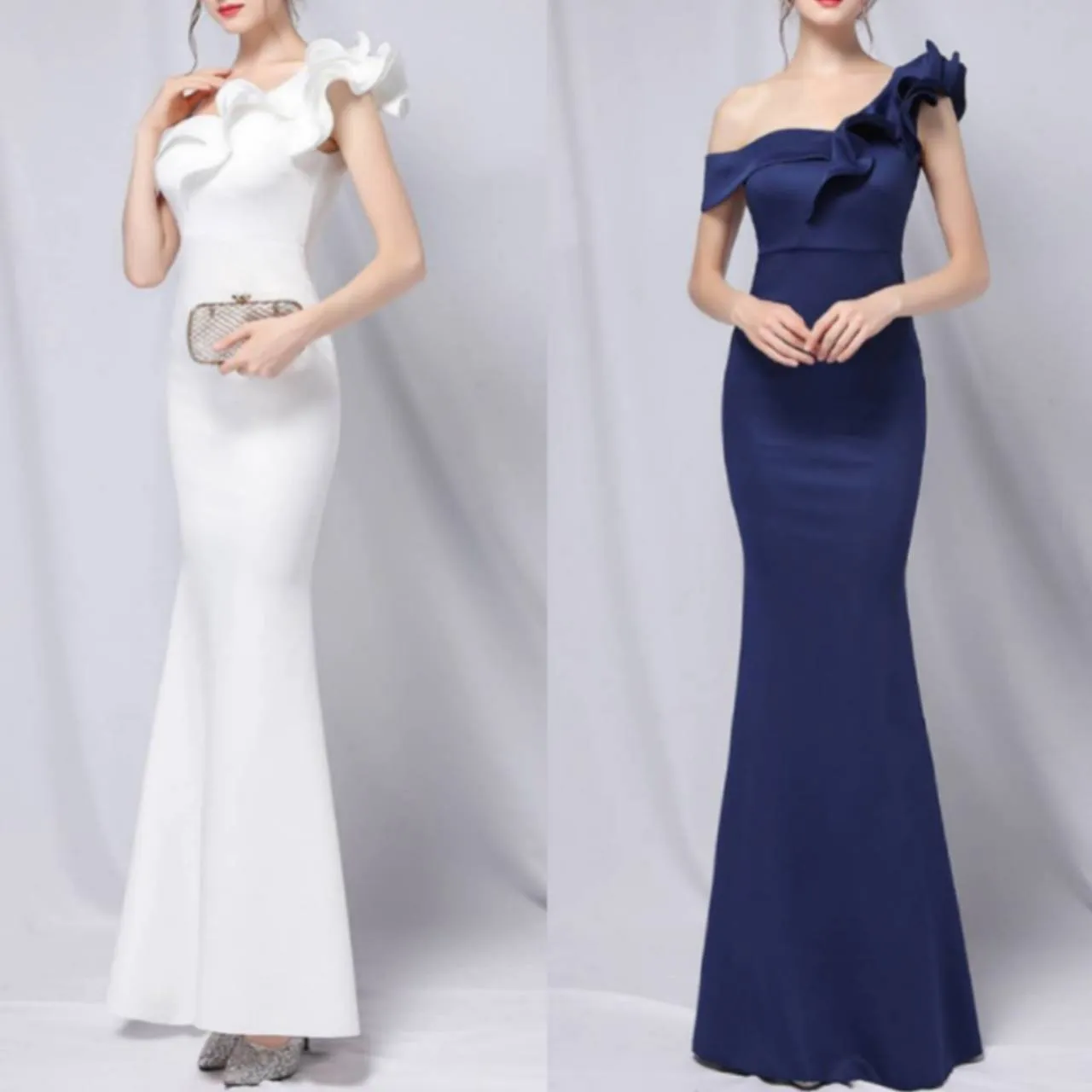 ワンショルダー ロングドレス フリル ハイウエスト マーメイド スリム 全6色【K5346】